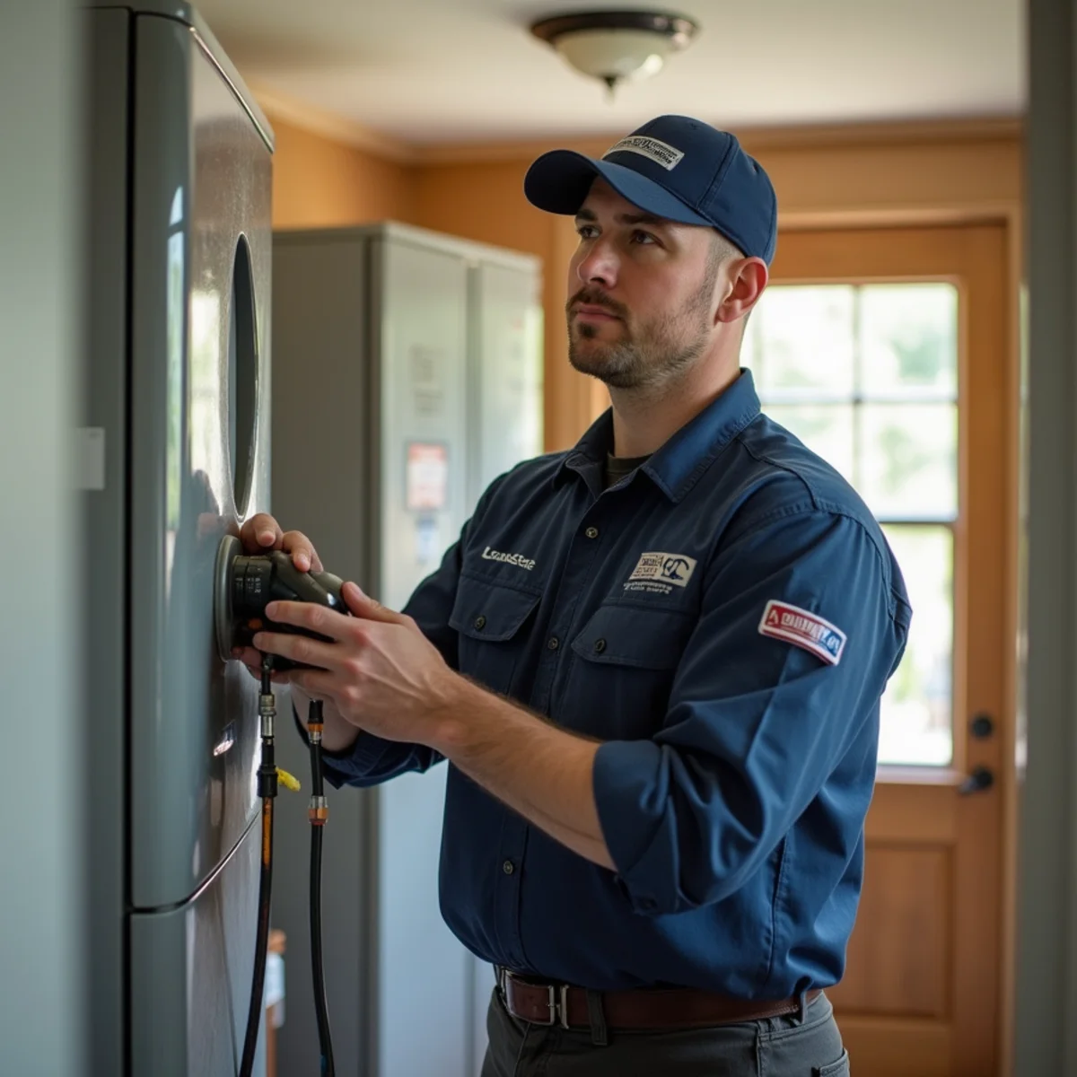 Landlord and HVAC technician reviewing a furnace inside a Quakertown rental property