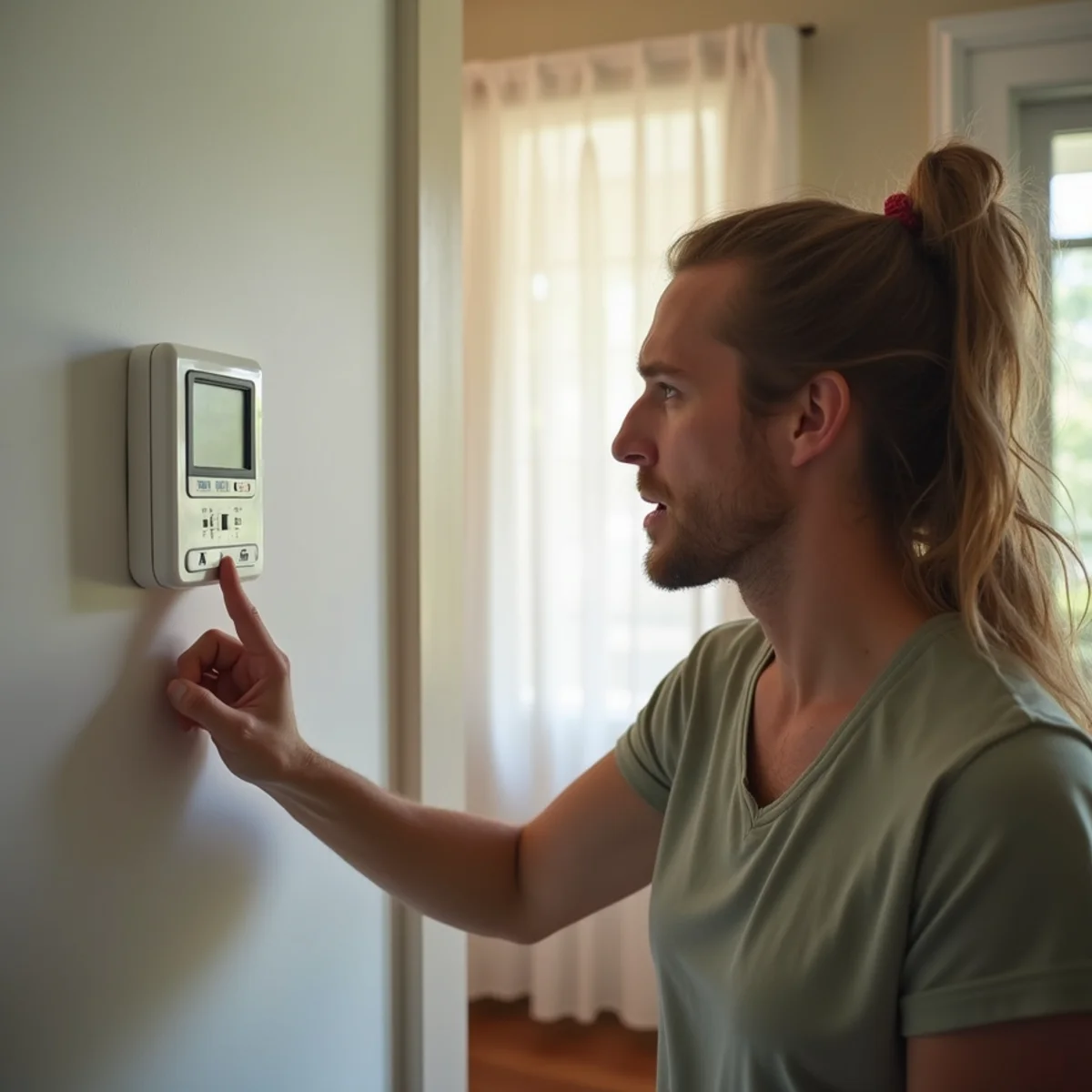 A homeowner checking a wall-mounted thermostat display during a hot summer afternoon