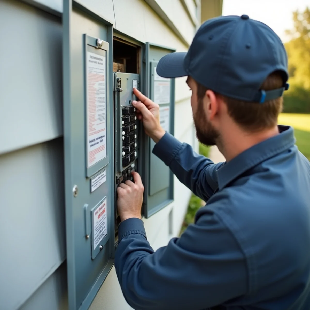 A homeowner opening an electrical breaker panel near central air conditioning equipment
