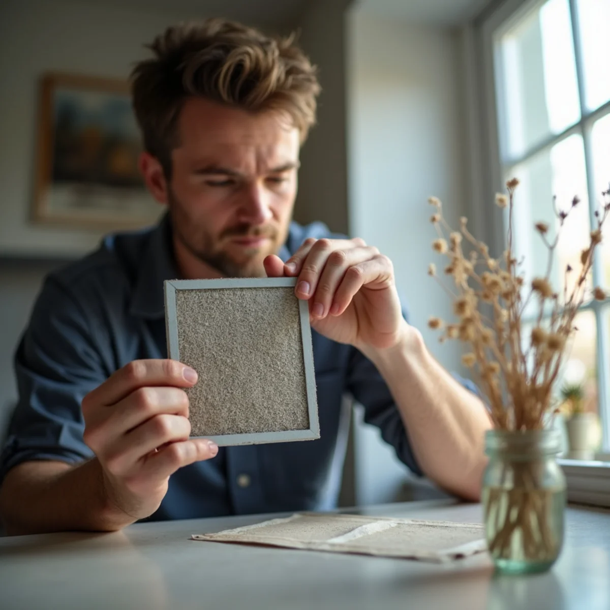 A homeowner holding a dirty clogged air filter pulled from a home air handler