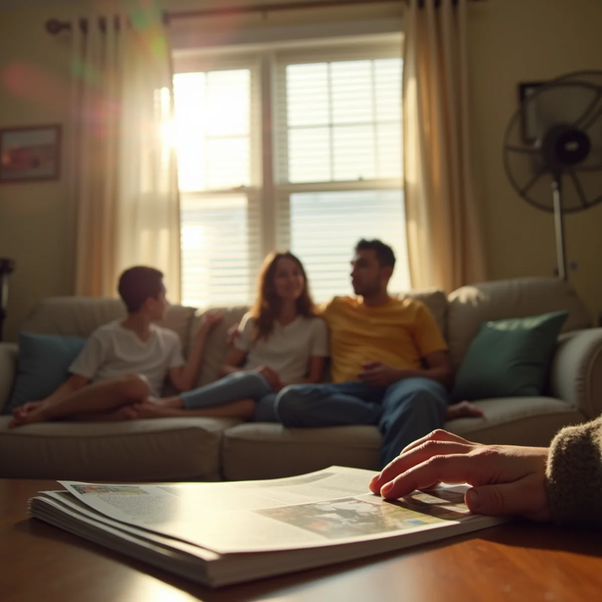 A family using a box fan with blinds closed to stay cool during an AC outage