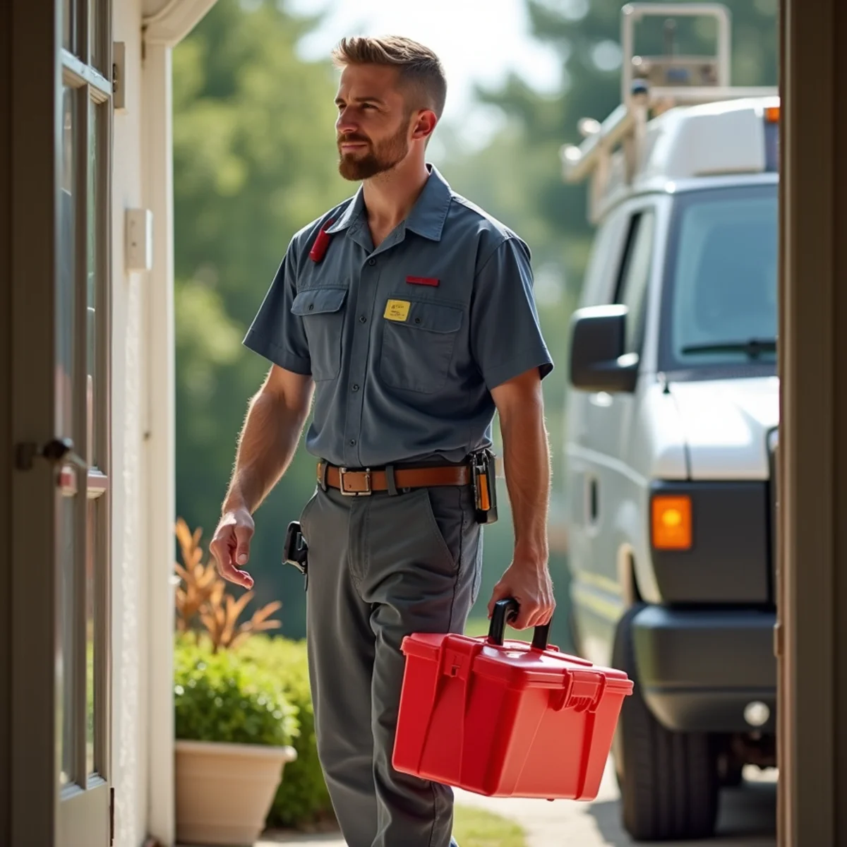 An HVAC technician arriving at a home with tools for emergency AC repair