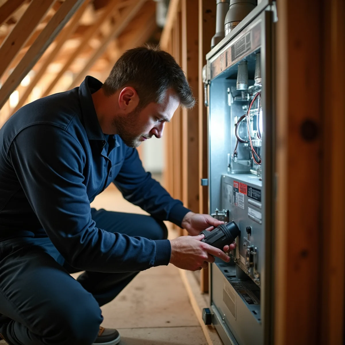 Technician fitting an evaporator coil on top of a furnace