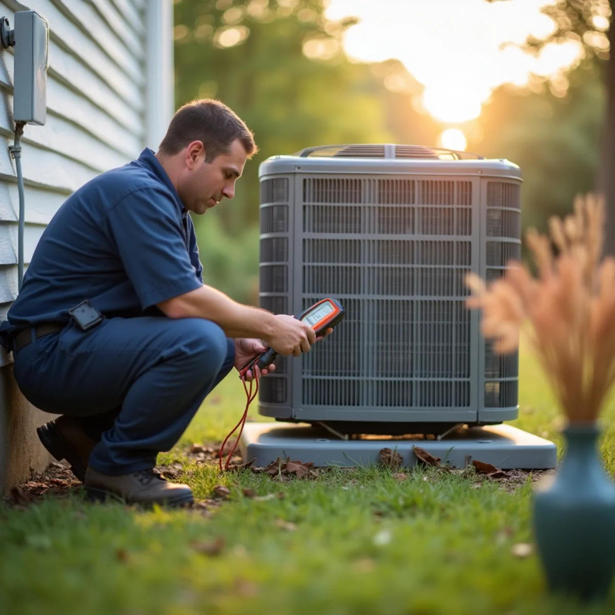 Technician checking a new AC after startup
