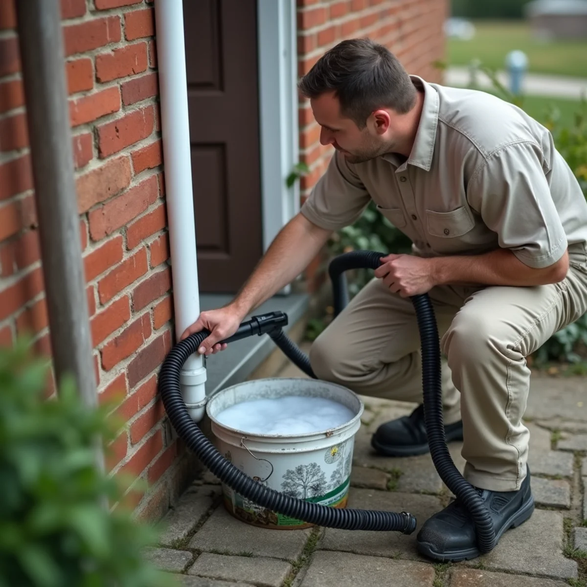 Technician clearing a condensate drain line with a wet/dry vacuum