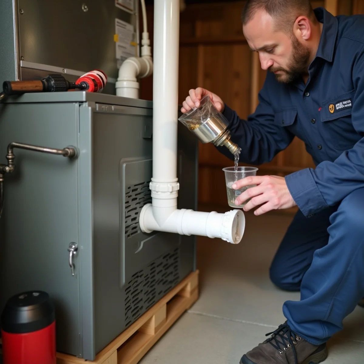 Homeowner pouring white vinegar into a condensate drain access tee