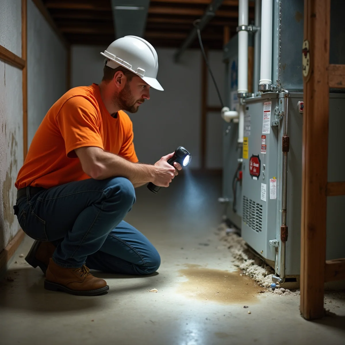 Indoor air handler in a basement utility area with a small puddle on the floor beneath the condensate drain pan