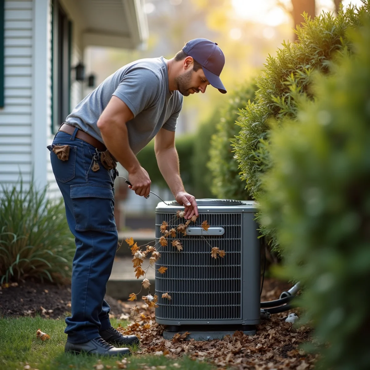 Clearing leaves and debris from around an outdoor condenser
