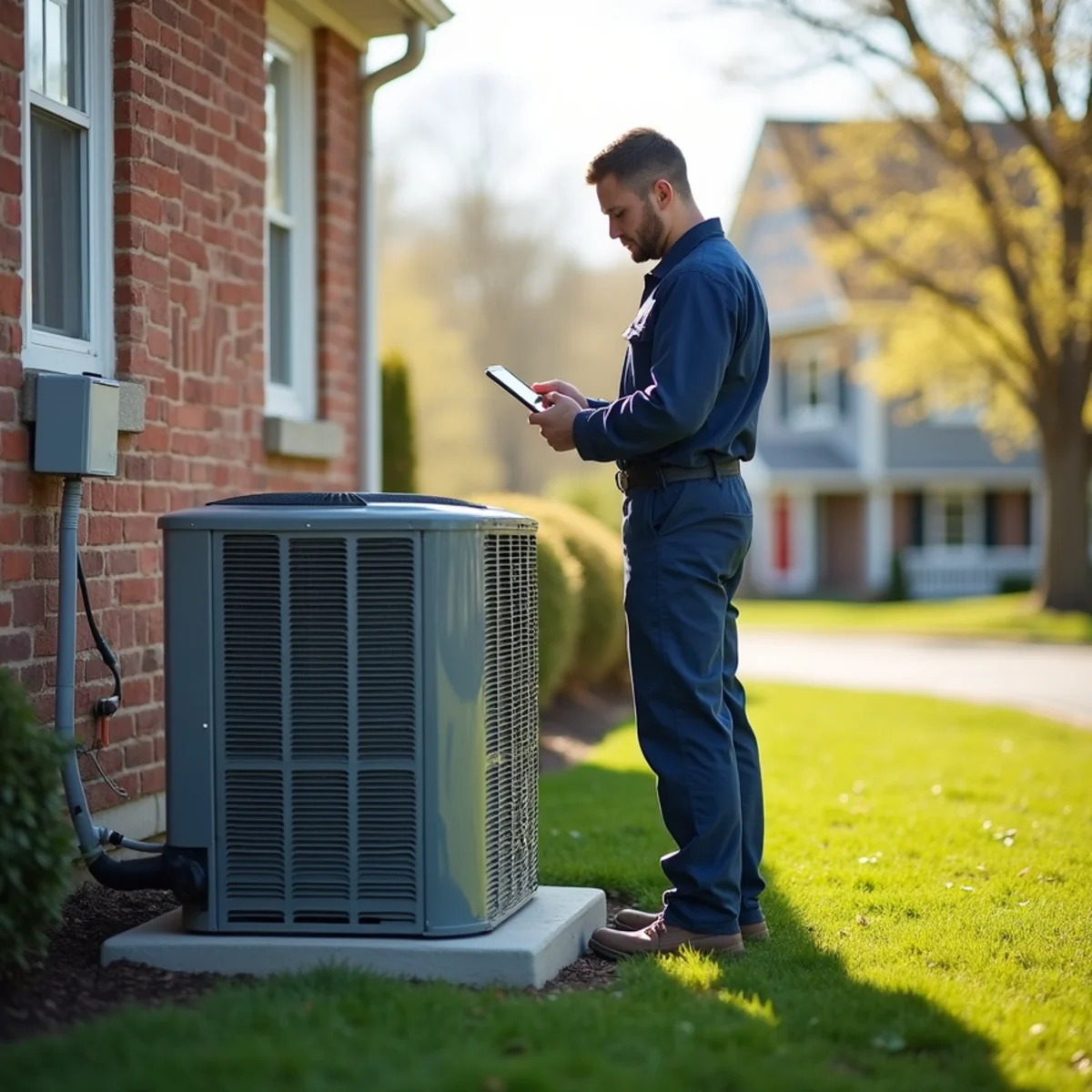 Technician standing beside an outdoor air conditioner condenser