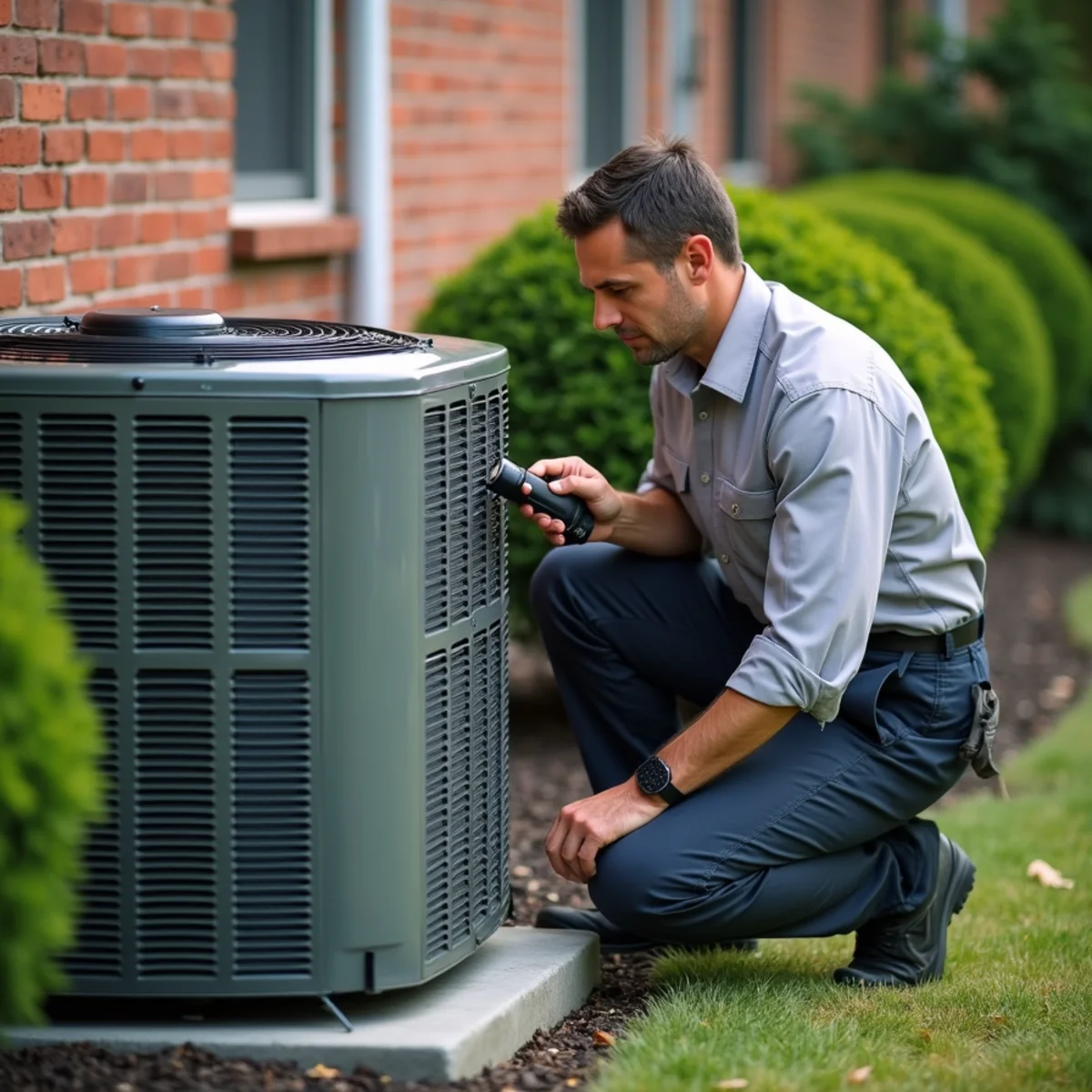 Technician inspecting an outdoor condenser fan and cabinet