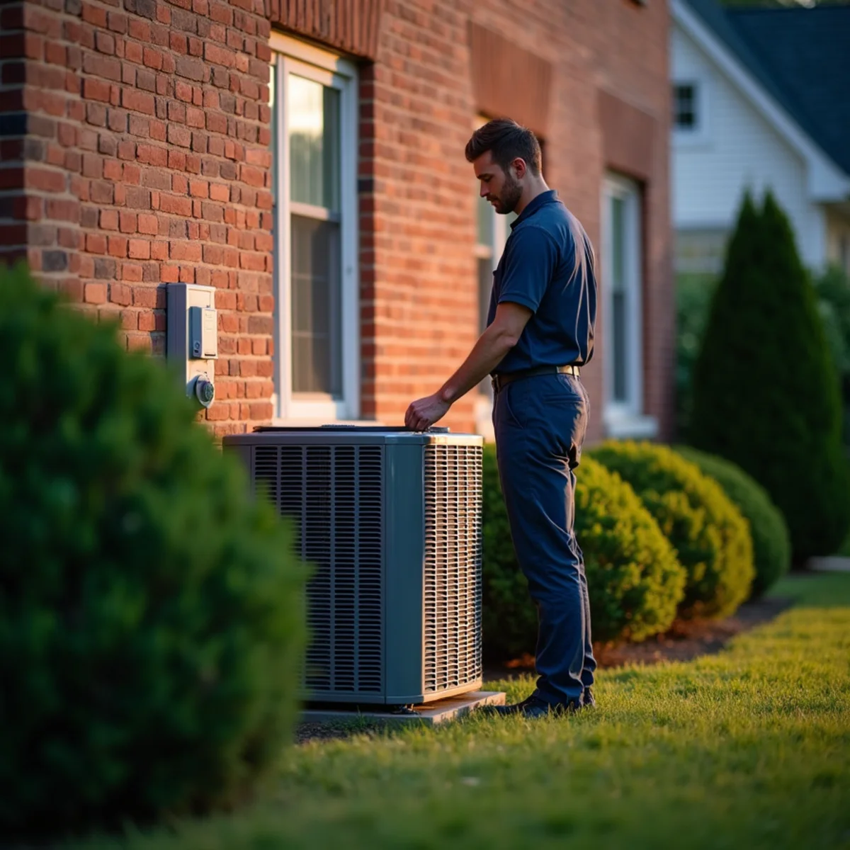 Outdoor air conditioner condenser beside a brick Pennsylvania home with a homeowner standing nearby listening