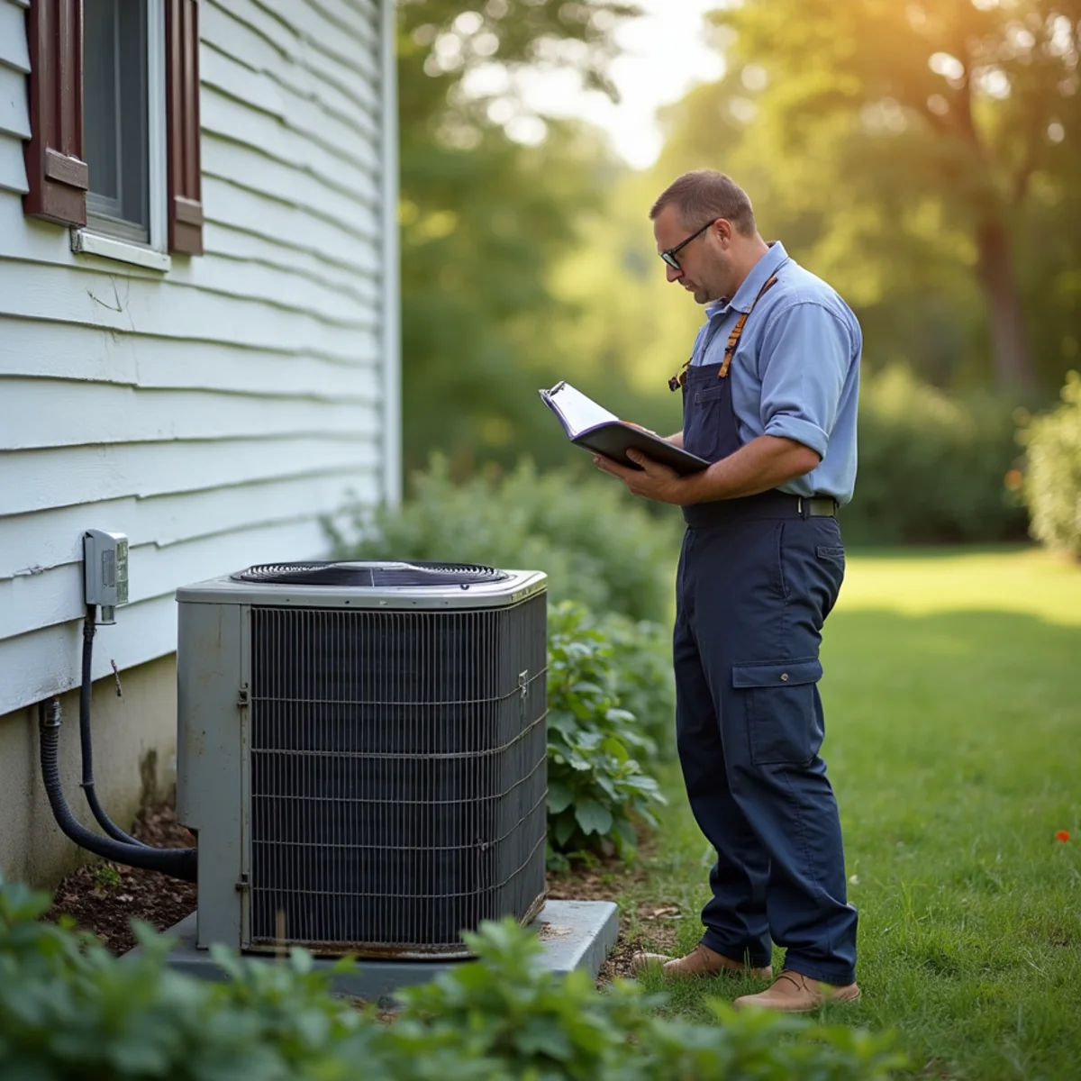 Technician kneeling beside an outdoor air conditioner unit