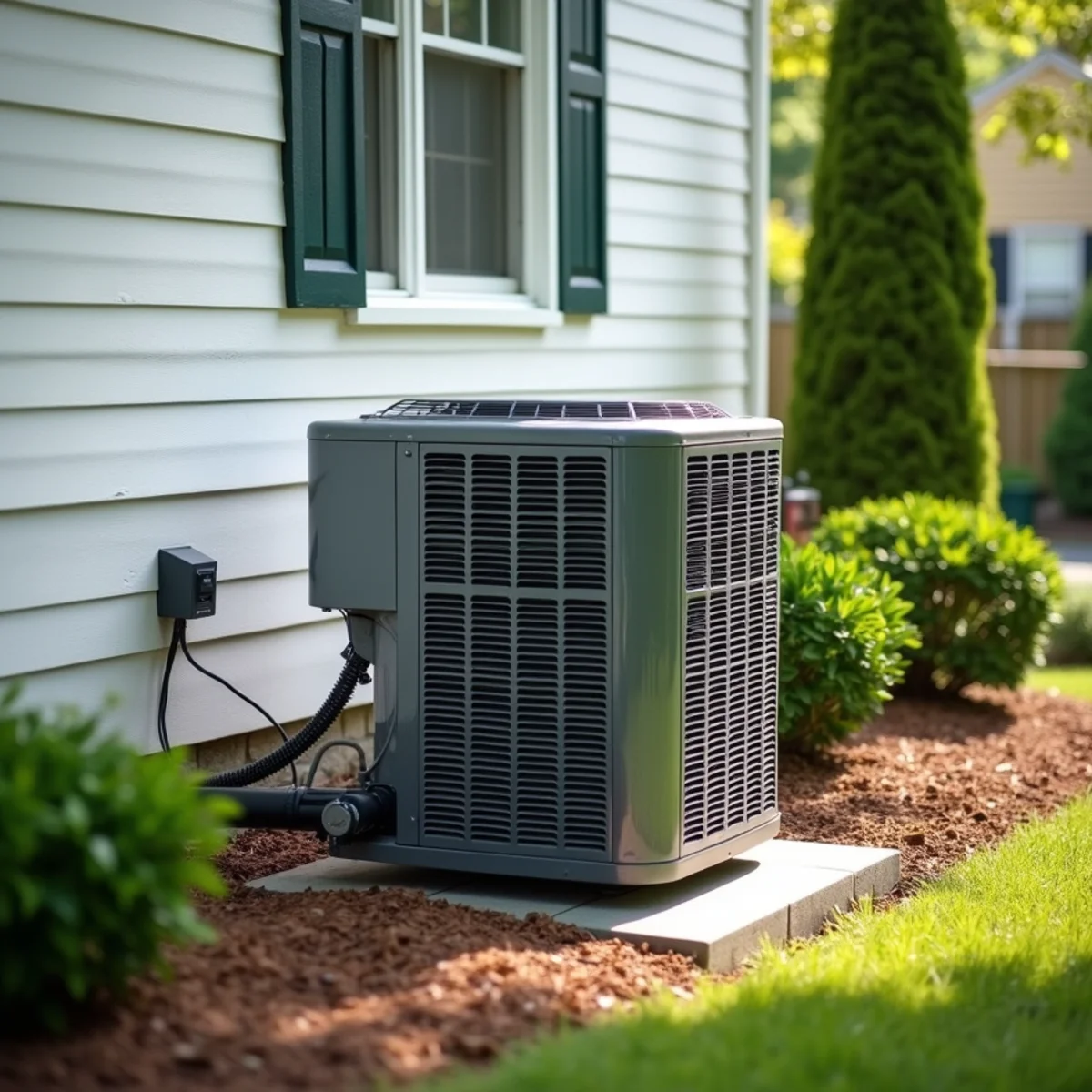 An outdoor air conditioner condenser beside a house
