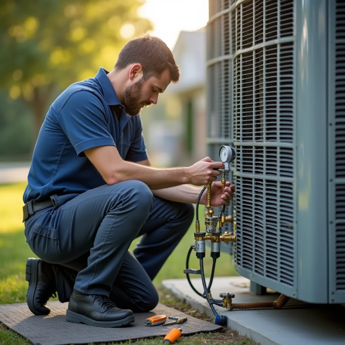 Technician connecting refrigerant gauges to an AC unit