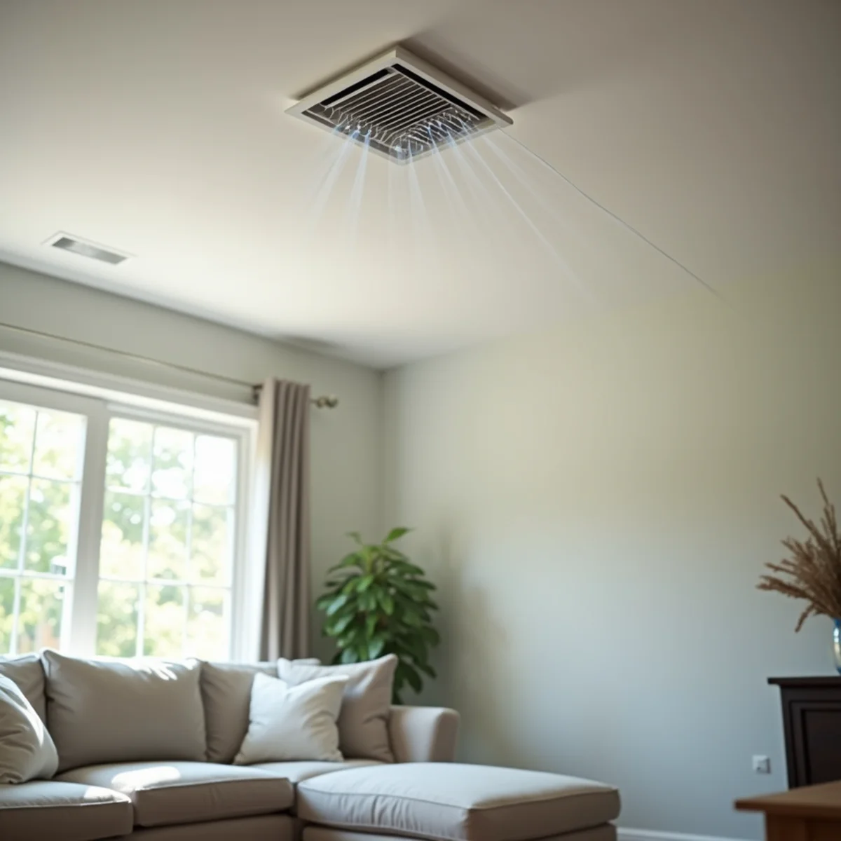 Cool air flowing from a ceiling supply vent in a living room
