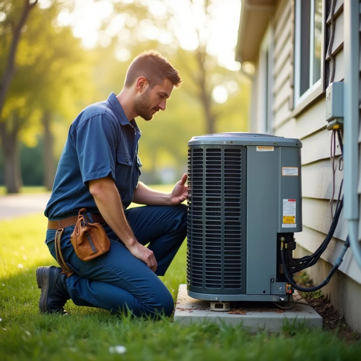 HVAC technician diagnosing a central air conditioning unit outside a Quakertown, PA home