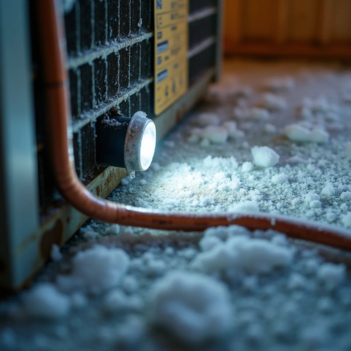 Technician crouching beside an outdoor air conditioner condenser