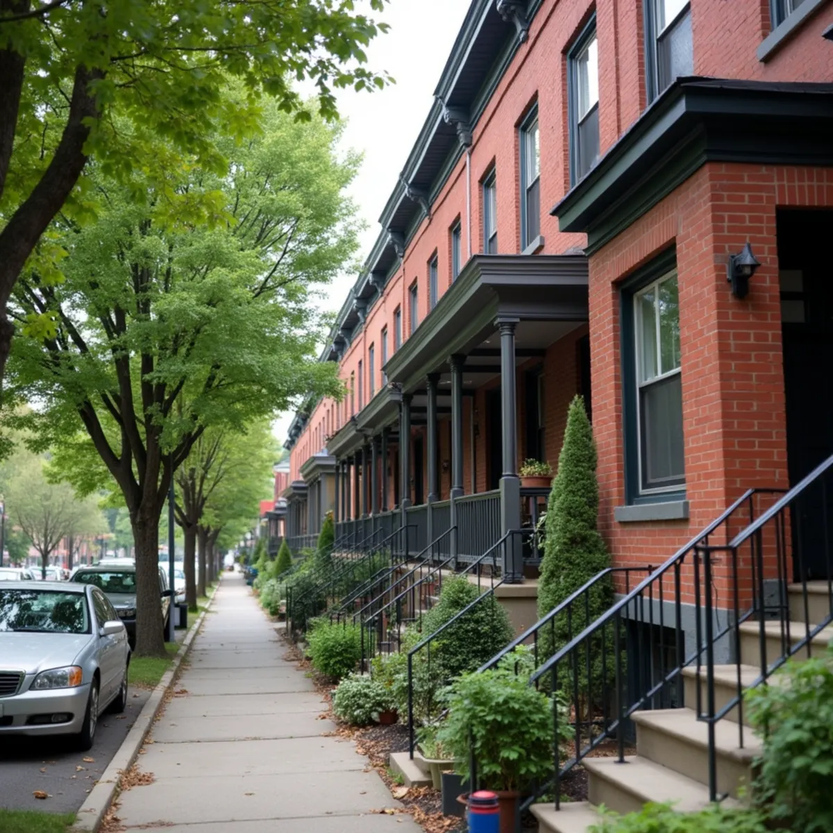 Row of attached brick rowhomes with front stoops on a city street lined with mature trees