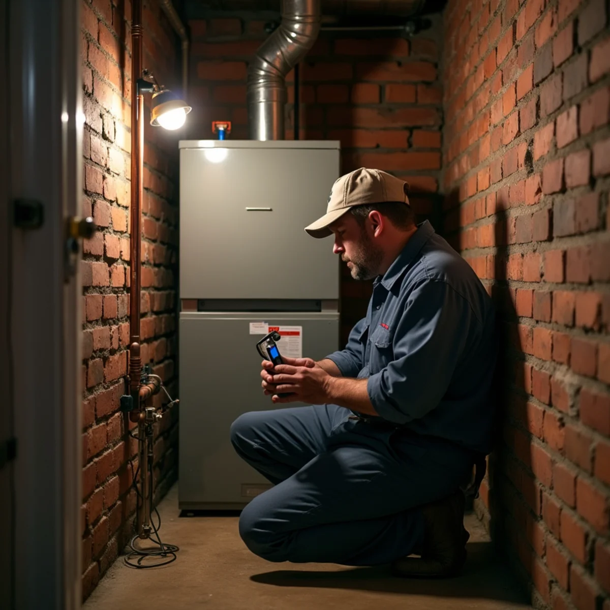 Technician servicing a cast-iron boiler in a narrow rowhome basement with exposed piping