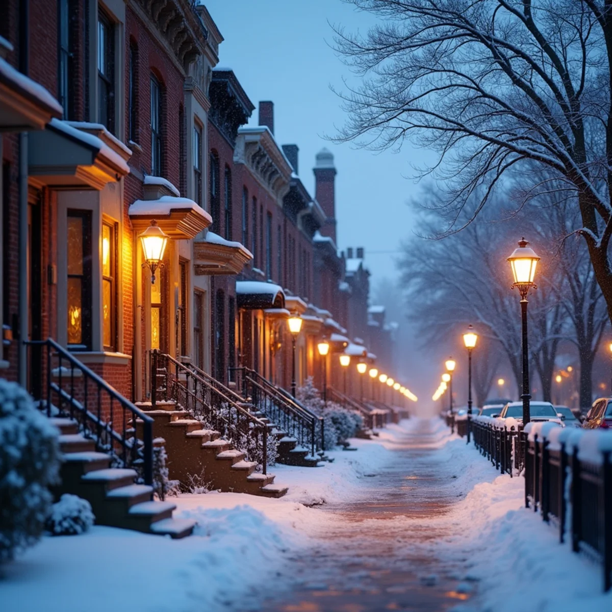 Rowhomes on a snowy city street at dusk with lit windows and faint vapor from rooftop flues