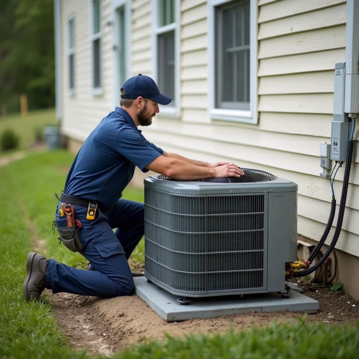 Technician setting an outdoor heat pump on a raised concrete pad beside a house on sloping ground