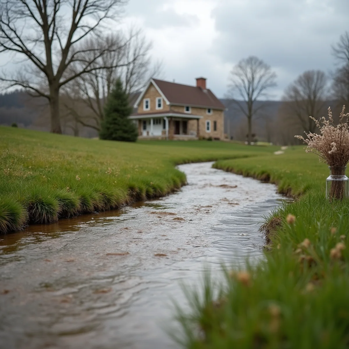 A Pennsylvania creek running high and brown through a meadow in early spring with a farmhouse beyond