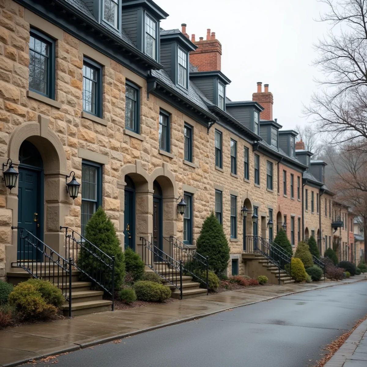 Stone and brick rowhouses along a sloping street in an older Pennsylvania city neighborhood