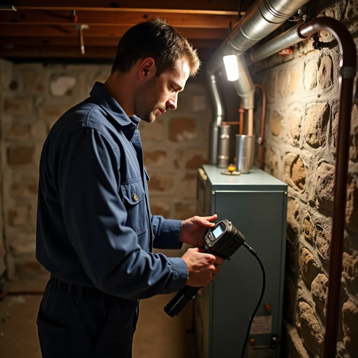Technician checking a boiler flue connection with a combustion analyzer in a stone-foundation basement