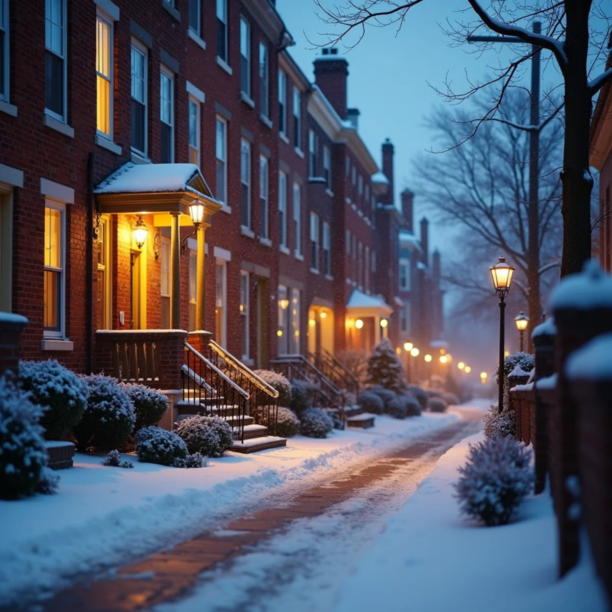 Light snow falling on a street of brick and stone rowhouses at dusk with warm window light