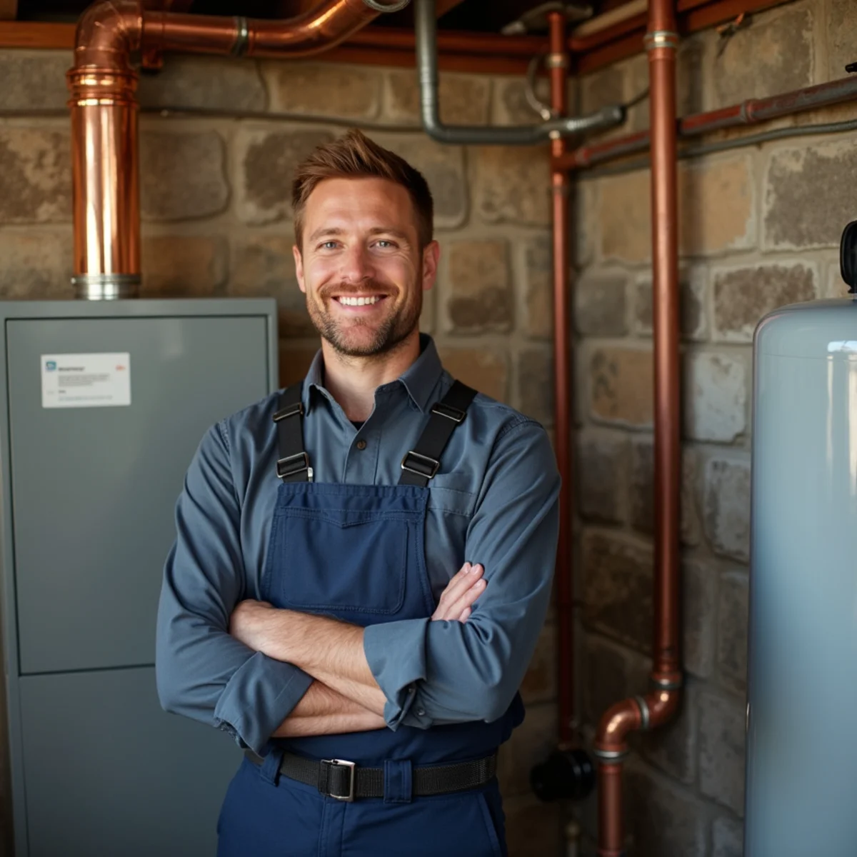 Technician working on boiler piping in an older home's basement