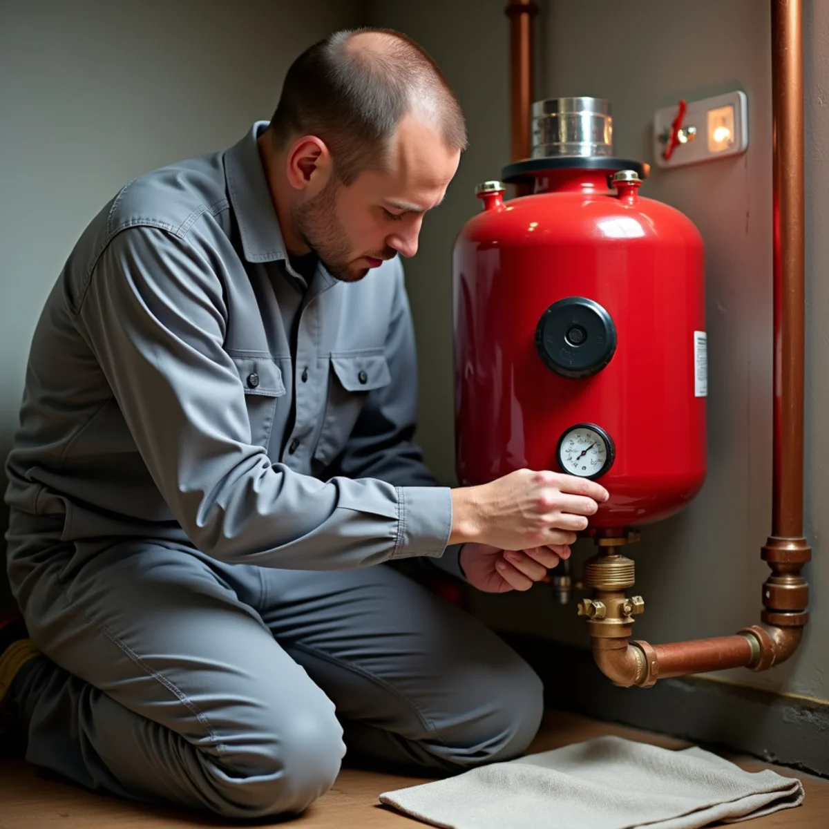Technician checking the air charge on a boiler expansion tank