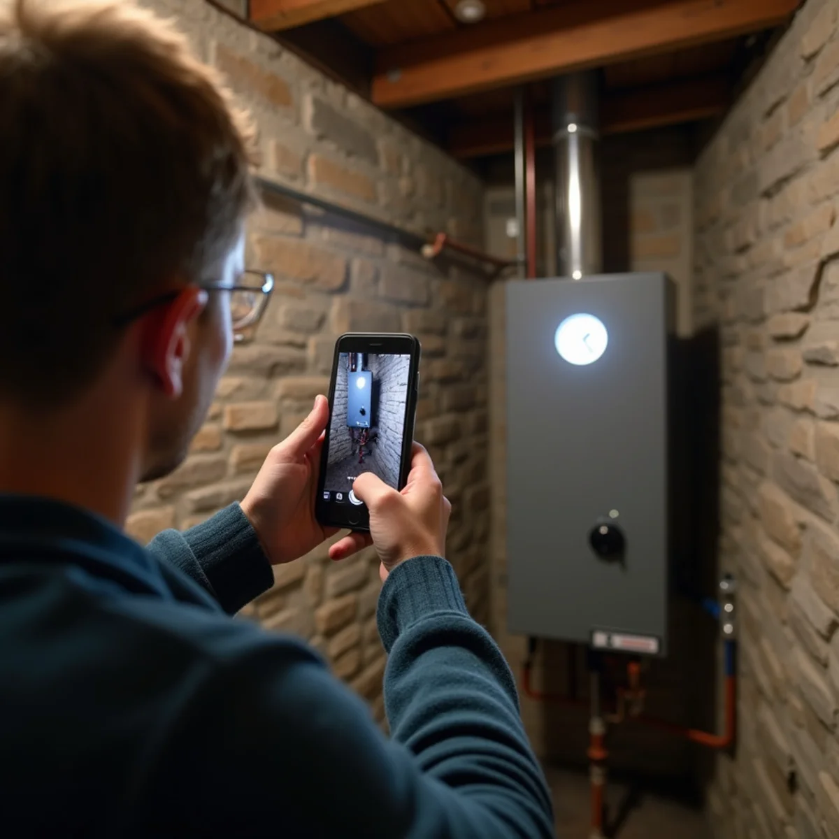 Homeowner photographing a boiler gauge reading for a technician