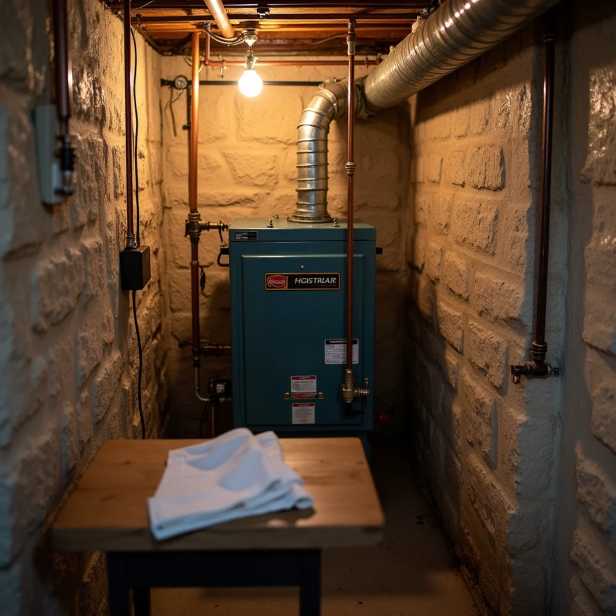A cast-iron boiler in a stone-foundation basement
