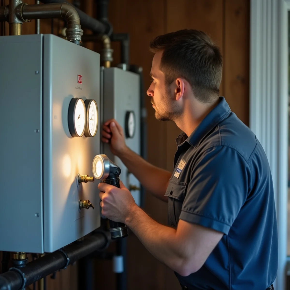 Technician reading pressure and temperature gauges on a boiler