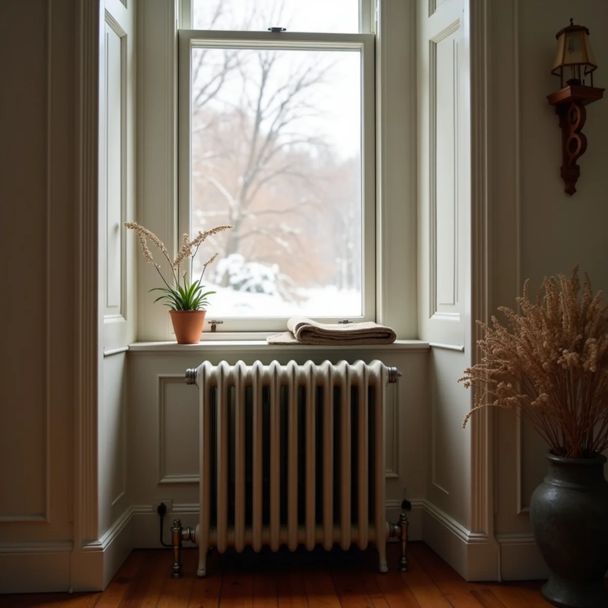 A cast-iron radiator beneath a window in an older home
