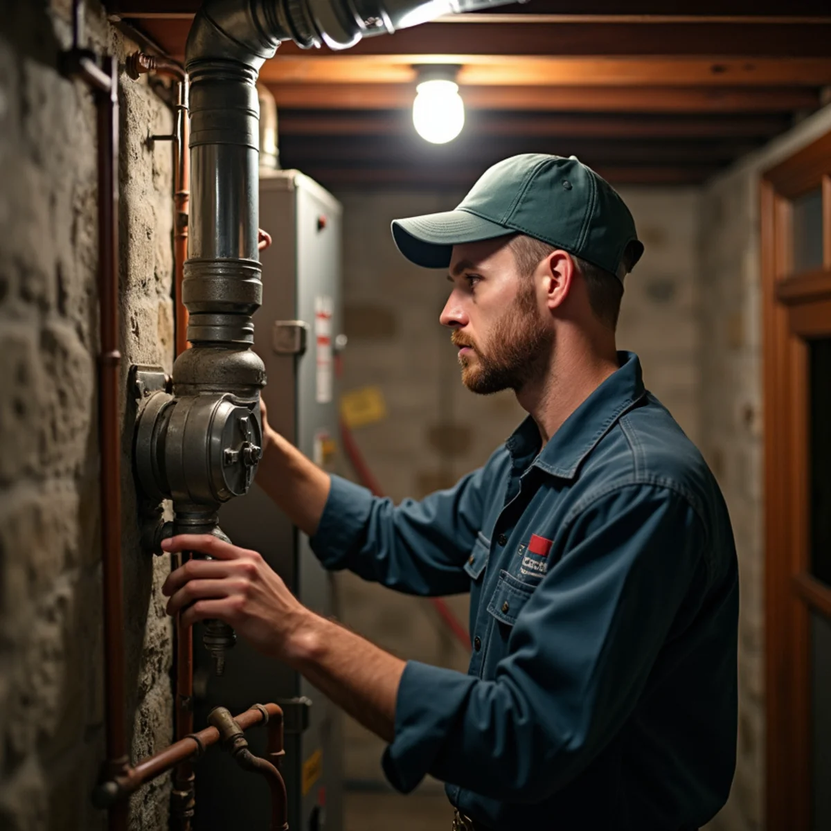 Technician servicing a steam boiler in a Quakertown, PA historic home basement