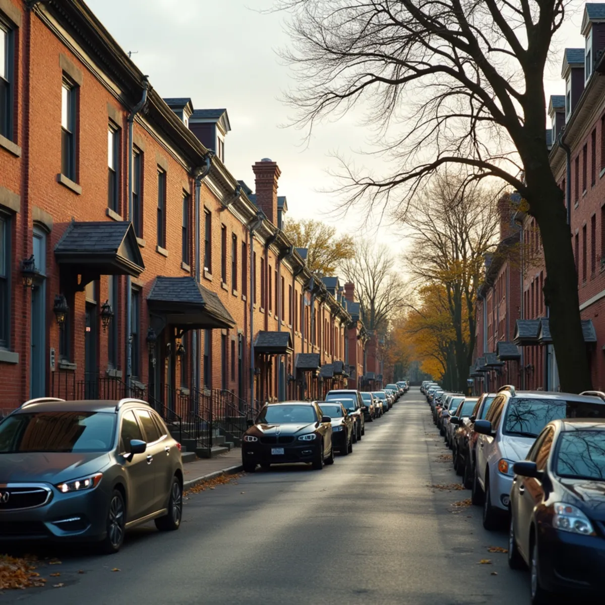 A row of attached brick twin and row houses with front stoops along a narrow small-town Pennsylvania street