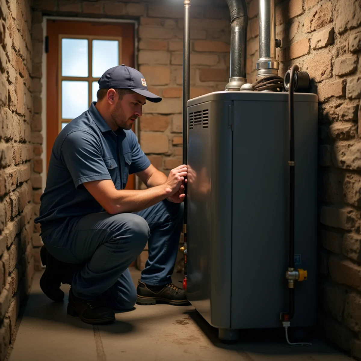 A technician in a plain uniform servicing a cast-iron boiler beside a stone and brick basement wall