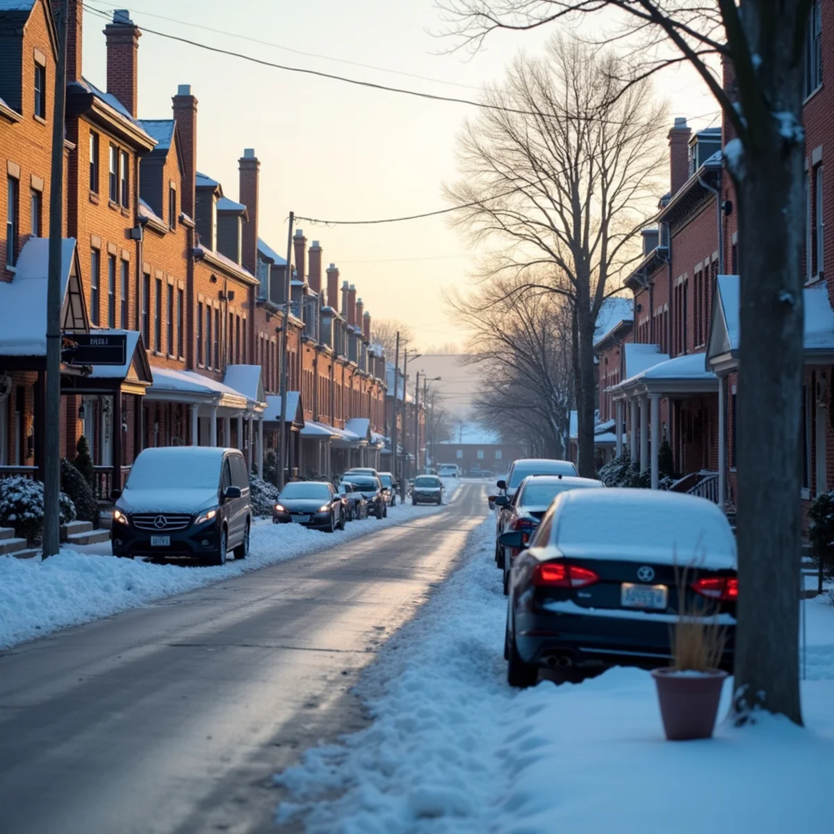 A light dusting of snow on sidewalks and parked cars along a street of brick row houses at dawn