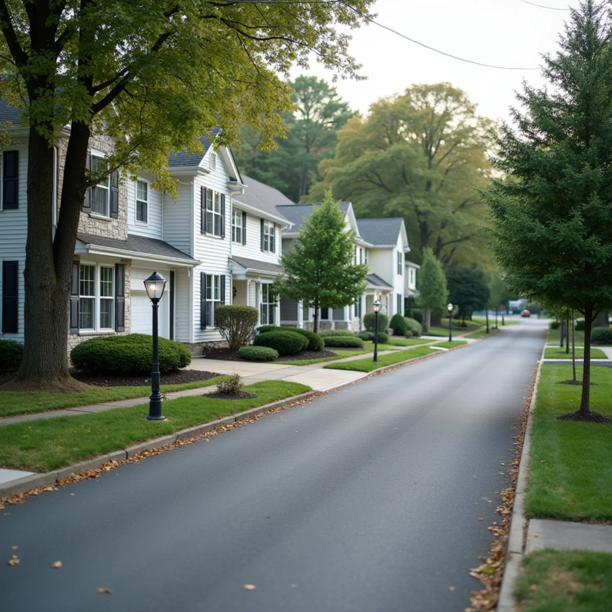 Detached colonial-style houses with two-car garages on a tree-lined suburban street with sidewalks