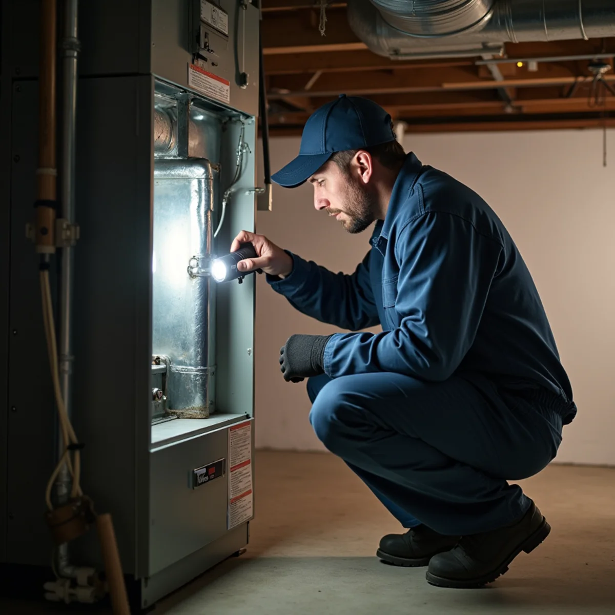 A technician in a plain uniform inspecting a gas forced-air furnace in a suburban basement utility area