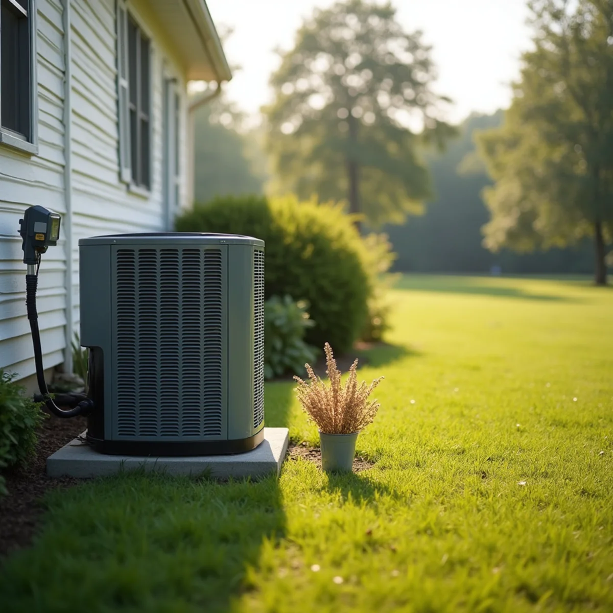 An outdoor air conditioner condenser on a concrete pad beside a suburban house on a hazy summer afternoon