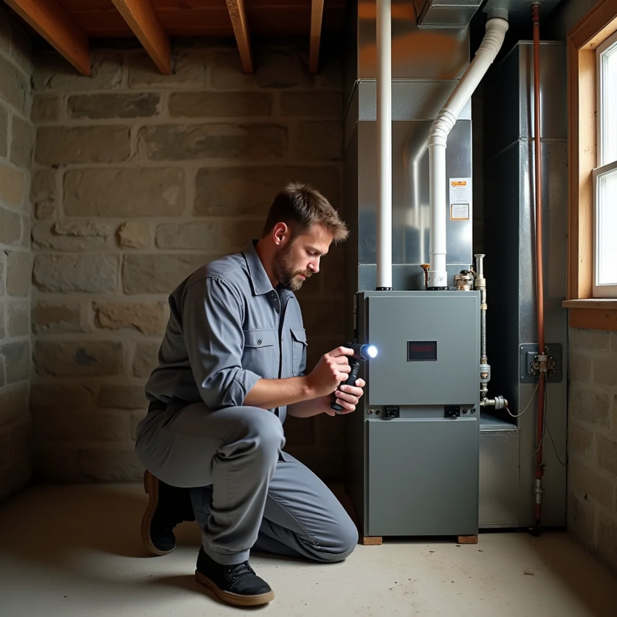 HVAC technician checking a gas furnace in an older home's basement