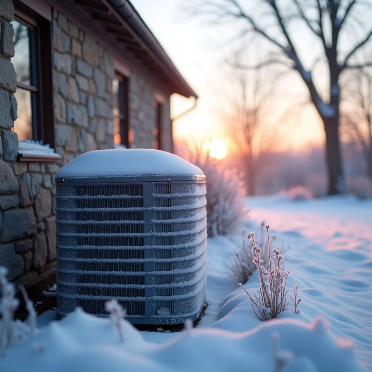 Frost on a heat pump outdoor unit beside a farmhouse at dawn in winter