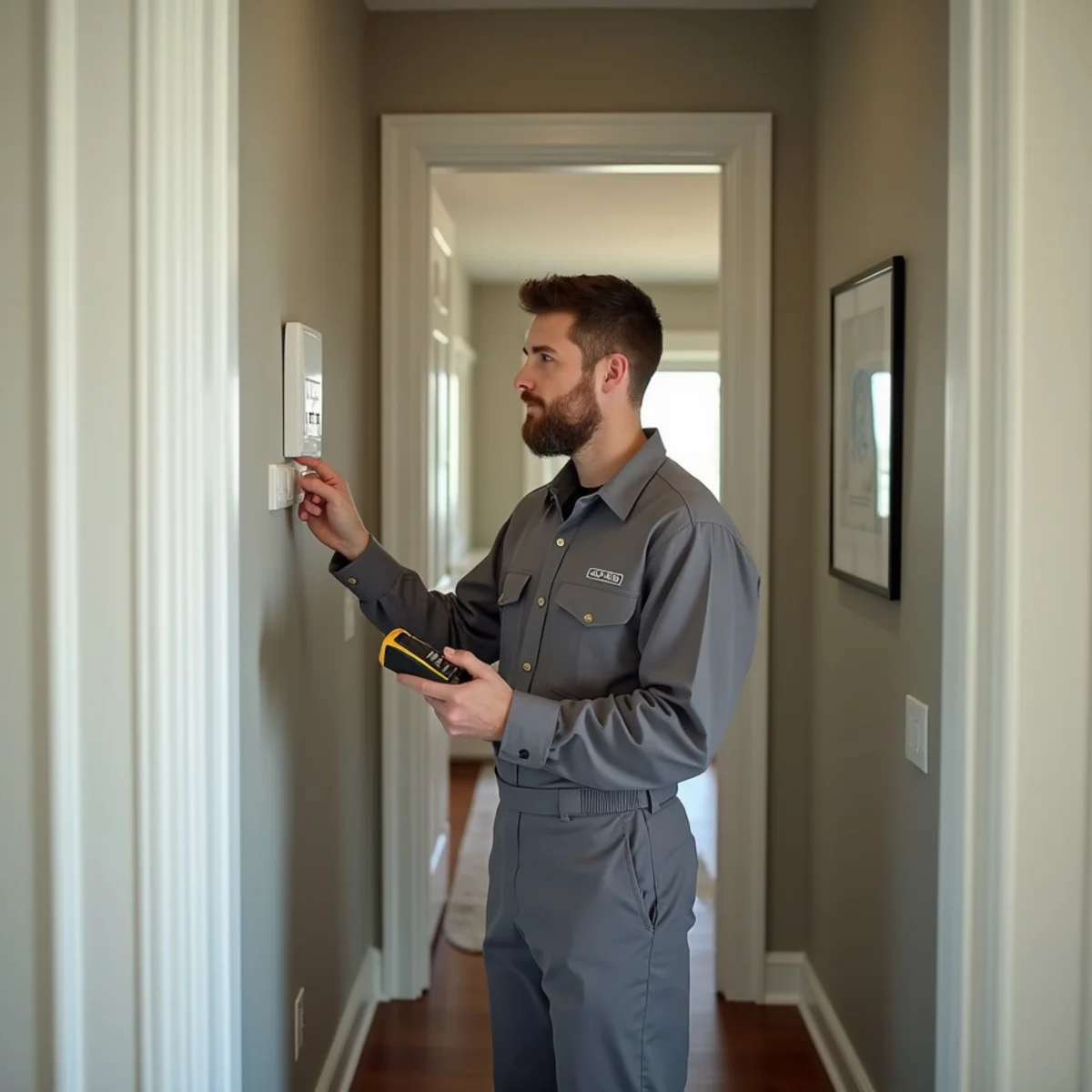 Technician testing a carbon monoxide alarm in a hallway