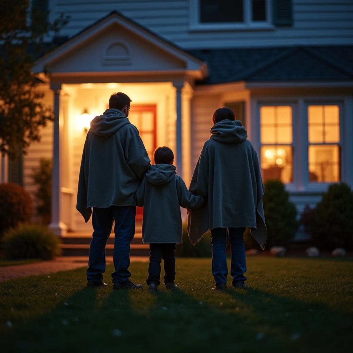 Family standing outside their home at night after a carbon monoxide alarm