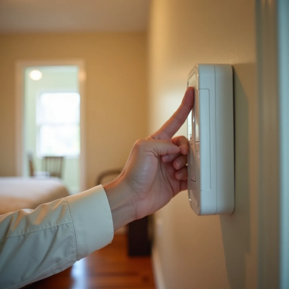 Carbon monoxide alarm mounted on a hallway wall outside a bedroom door in a Pennsylvania home