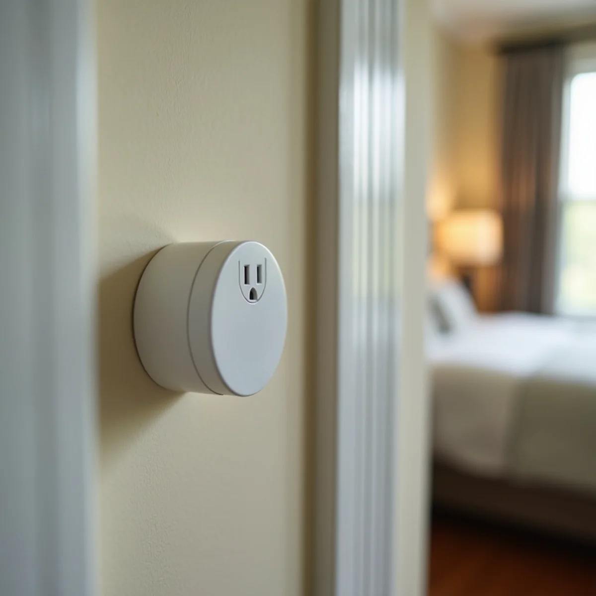 A carbon monoxide detector mounted in a hallway near bedrooms