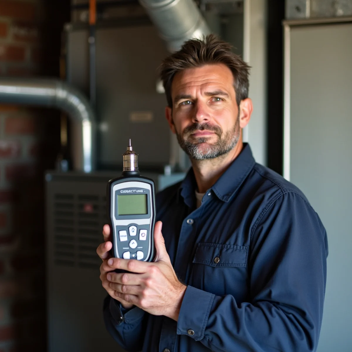 Technician testing flue gases with an analyzer