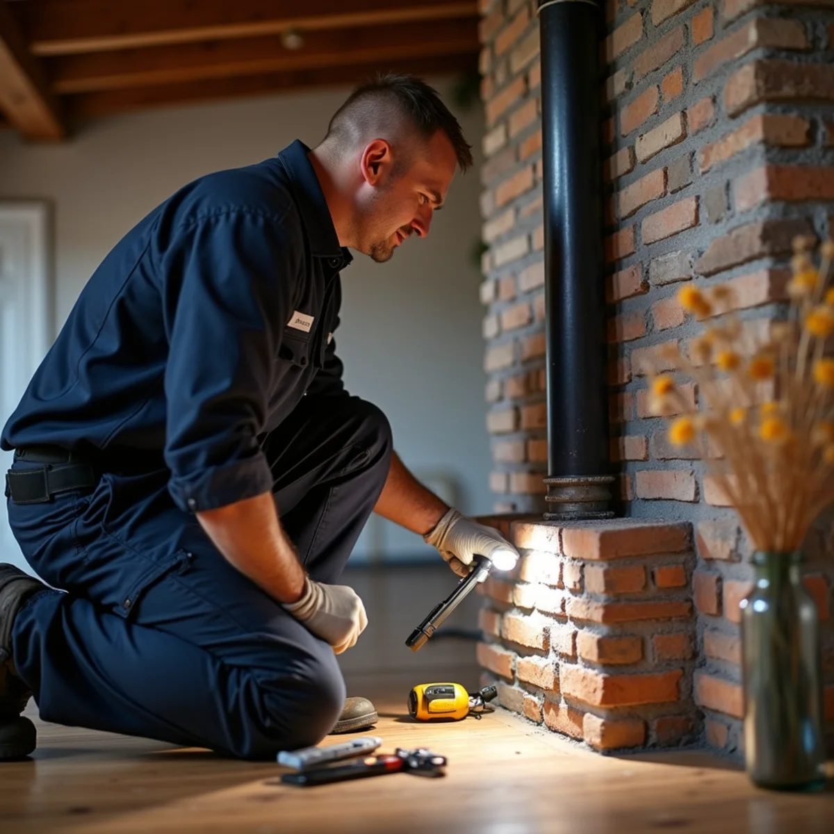 Technician inspecting a flue pipe connection to a chimney
